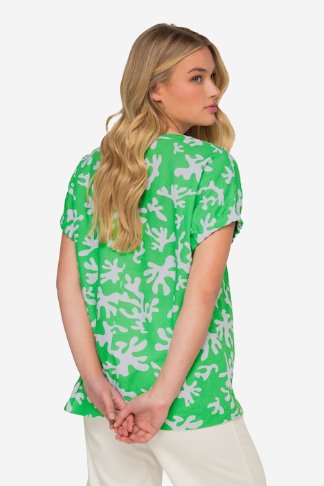 Leinenmix-Bluse, Korallen-Print, Tunika-Ausschnitt, Halbarm
