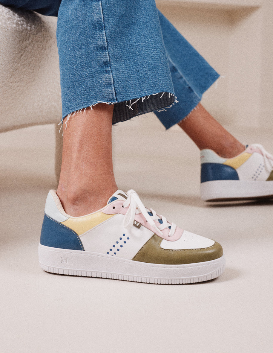 Baskets basses Maxence F - Cuir olive blanc rose clair