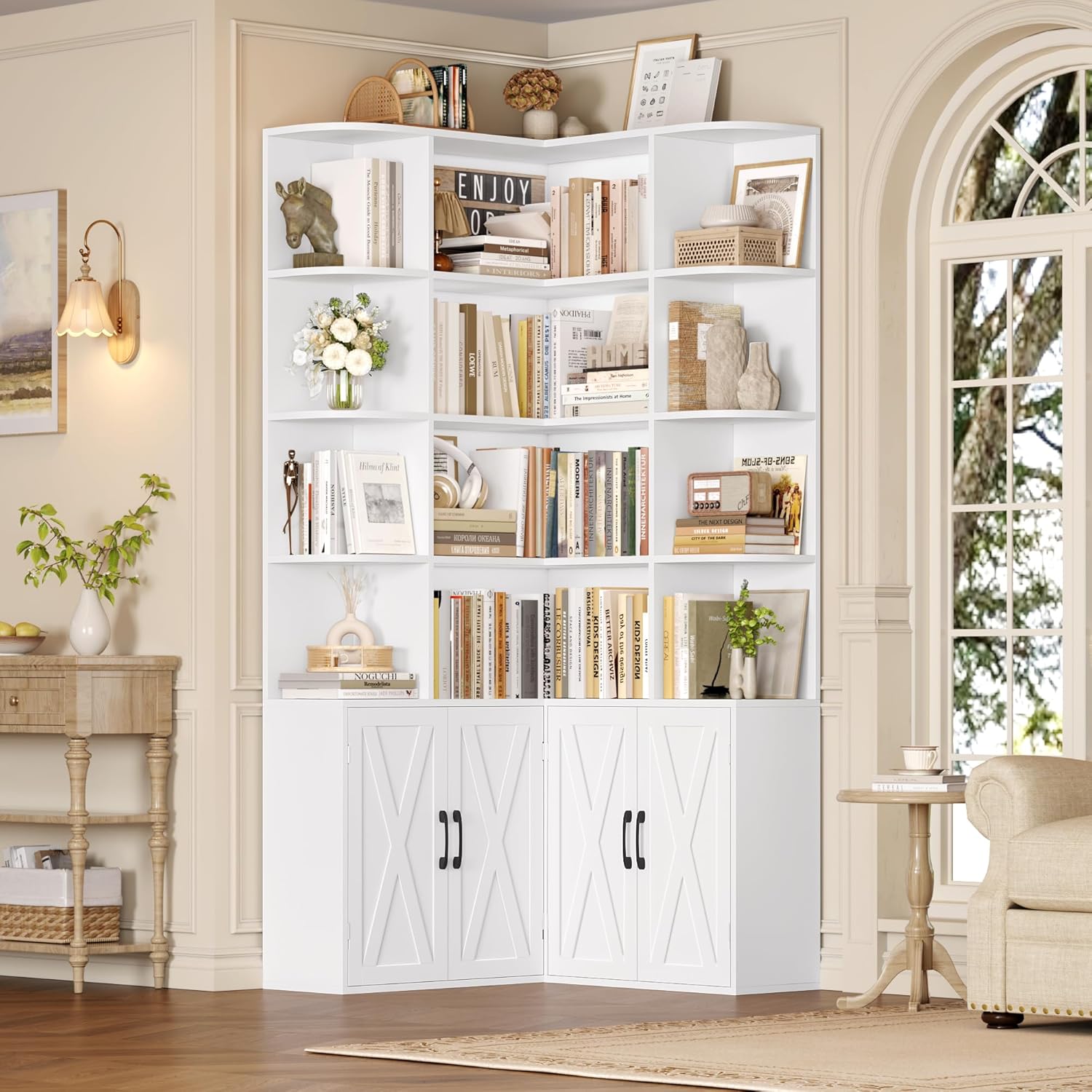 FirFurd 187cm Bücherregal mit Türen Eckregal mit 12 Fächern L-förmiger Bücherschrank Vitrinenschrank aus Holz Hochschrank Regal mit Türen für Wohnzimmer Arbeitszimmer Büro Küche 187 x 80 x 80cm Weiß