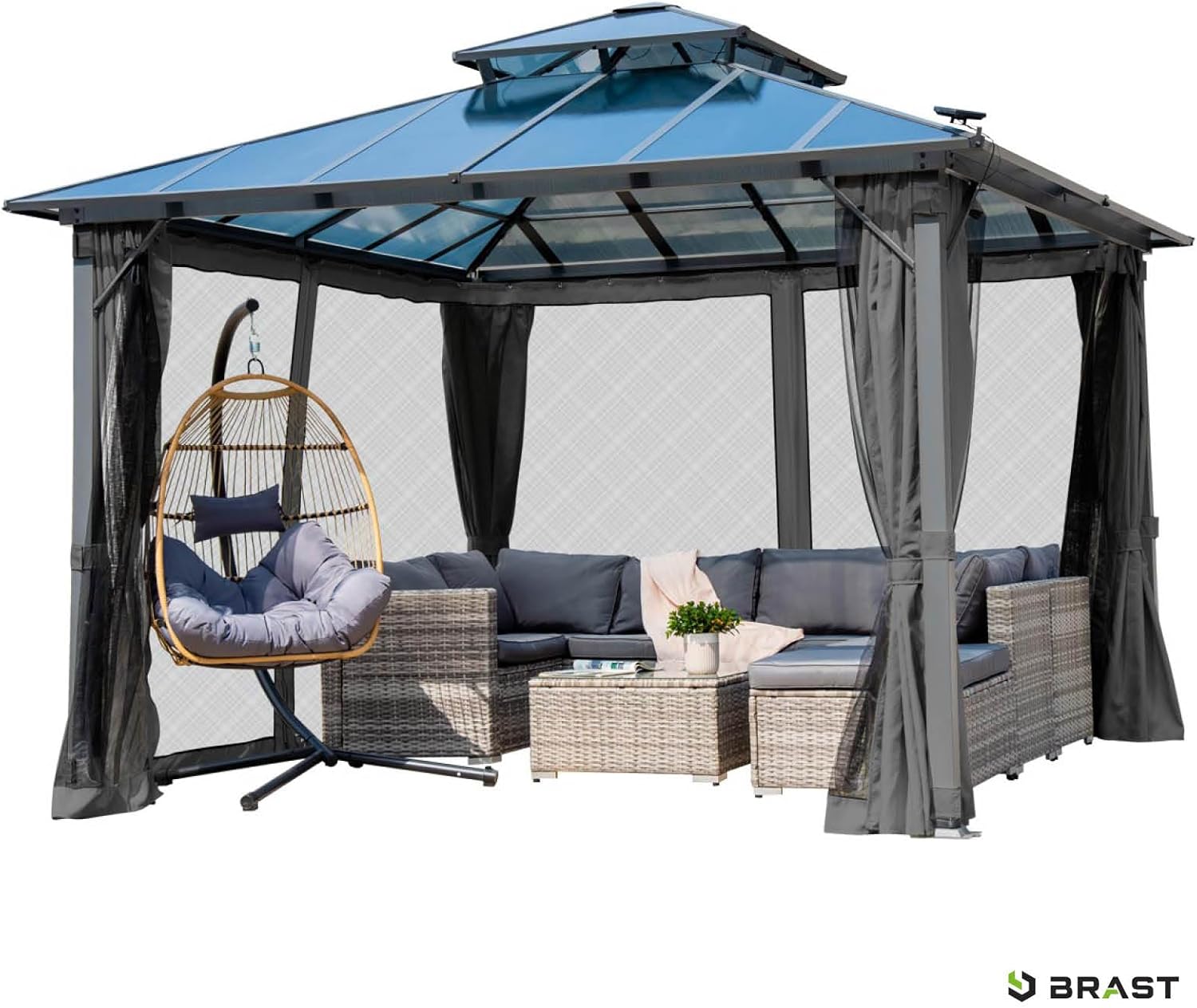 BRAST® Pavillon Aluminium Pagode 3,5x3,5m | viele Modelle & Farben | inkl. Moskitonetz + LED | festes Dach | wasserdicht | stabil | UV-Schutz | Dunkelgrau