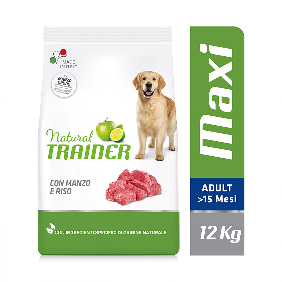 Ração Natural Trainer Adult Maxi para cães, sabor carne e arroz, 12 kg.