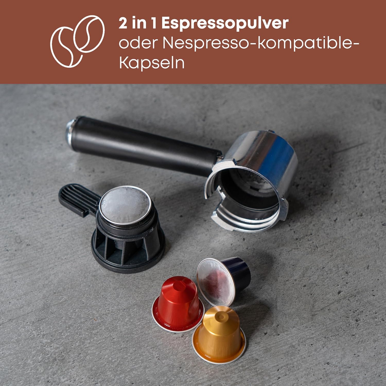 ProfiCook® Espressomaschine 2in1 | für Kaffeepulver und Nespresso kompatible Kapseln | Siebträgermaschine | 20 bar | Milchsystem für Milchkaffee und Cappuccino | Siebträger für Espresso | PC-ES 1266