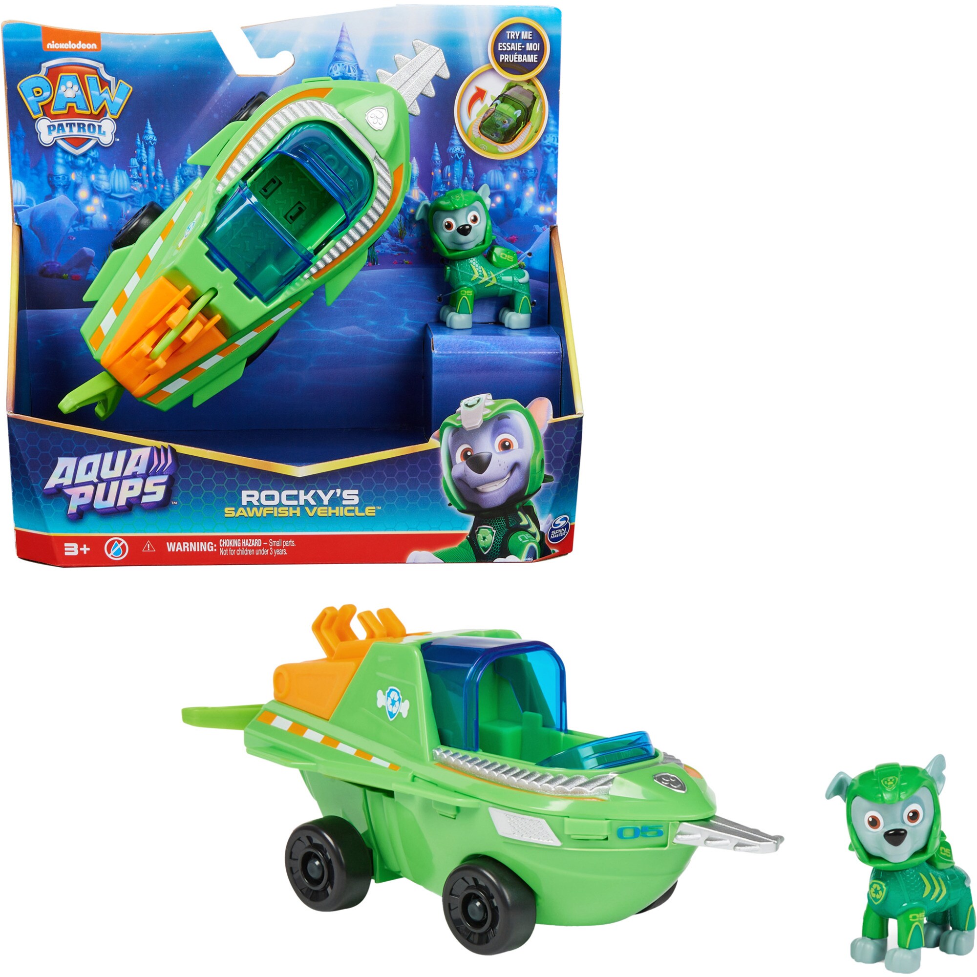 Spin Master Spielfahrzeug PAW Patrol Aqua Pups - Basis Fahrzeug im Sägefisch-Design mit Rocky-Welpenfigur