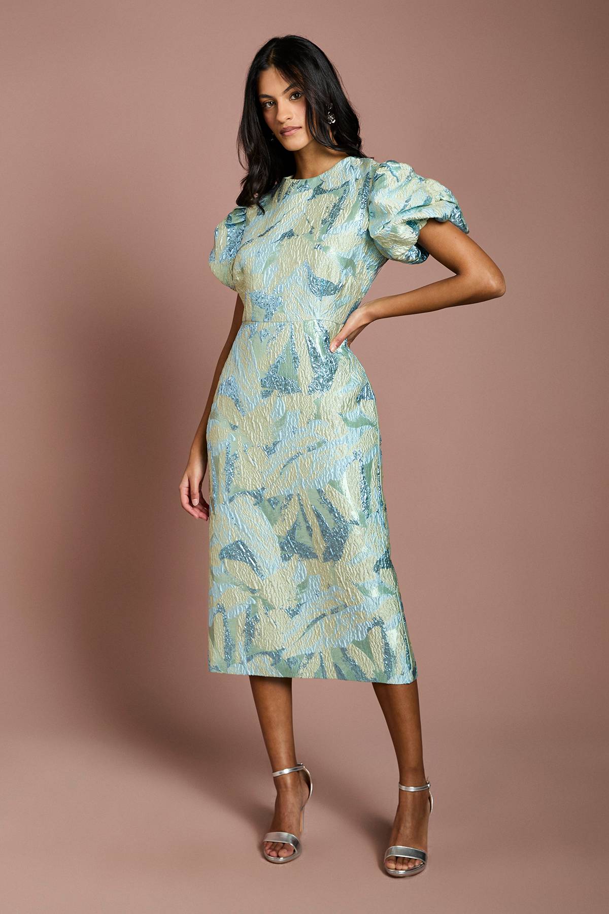 Coast Robe Crayon Petite À Manches Bouffantes En Jacquard Métallisé