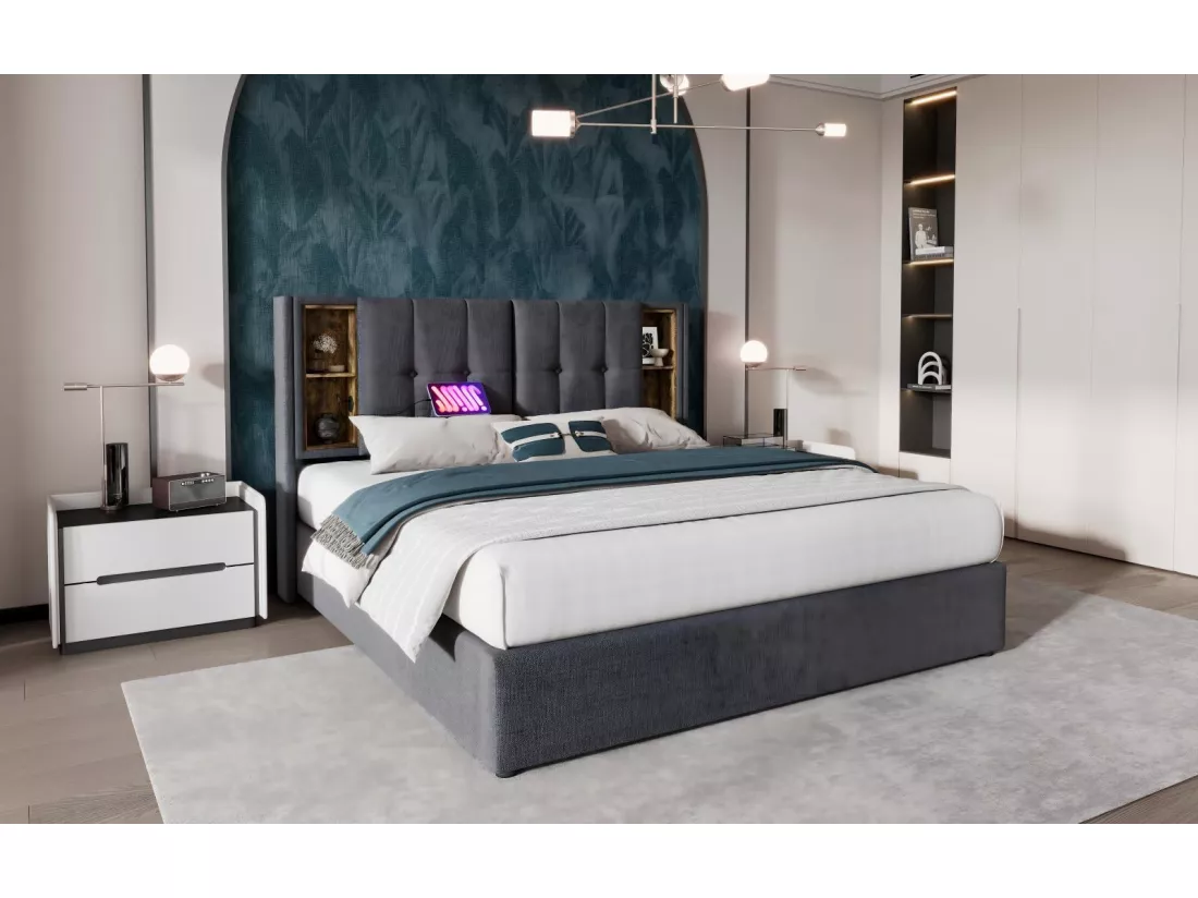 Lit coffre rembourré en coton 2 place, 140x200cm, avec charge sans fil USB et 4 tiroirs, Gris