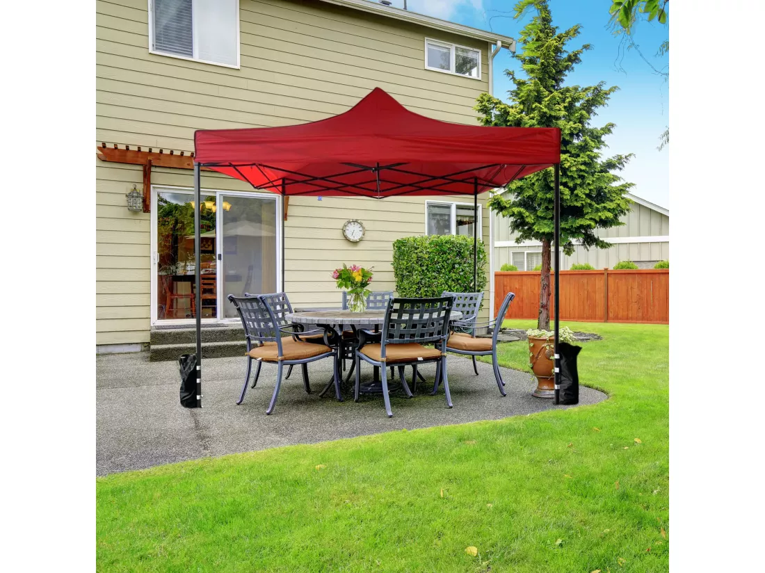 Gazebo Pavillon Pliant Rouge 4 Poids Métal Polyester Jardin 3x3