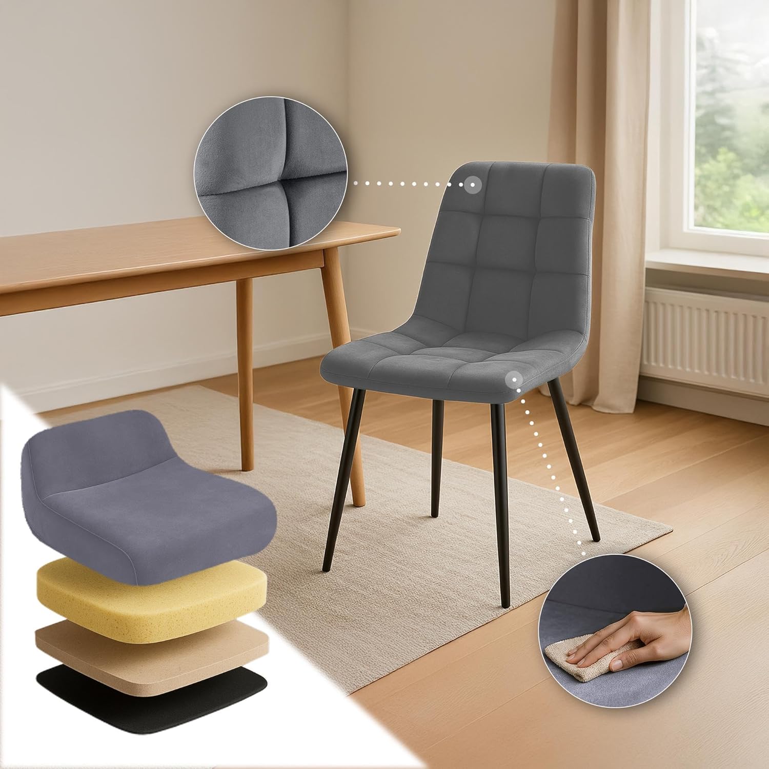 CLP Esszimmerstühle 4er Set Samt Asti, Bequeme Küchenstühle gepolstert, Polsterstühle Esszimmer mit Rückenlehne, bis 150 kg belastbar, Farbe:dunkelgrau