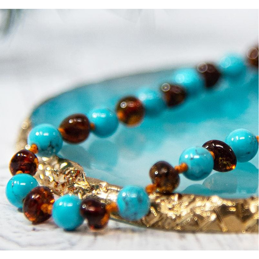 Collier en pierre d'ambre naturelle - Cognac/Turquoise