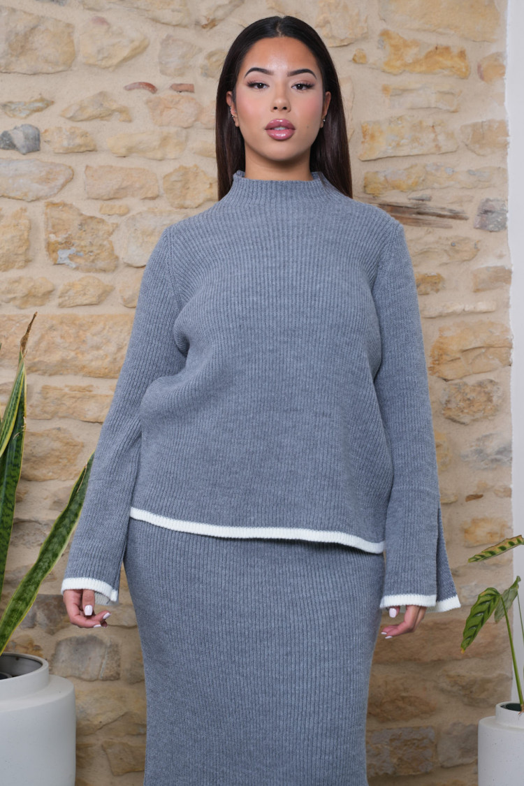 Ensemble 2 pièces pull + jupe en maille gris et beige