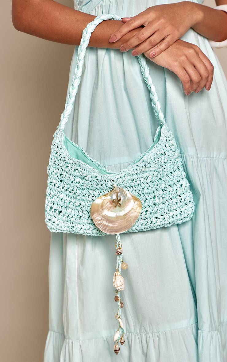 Bleu Aqua Sac Porté Épaule En Raphia Avec Détail Coquillage