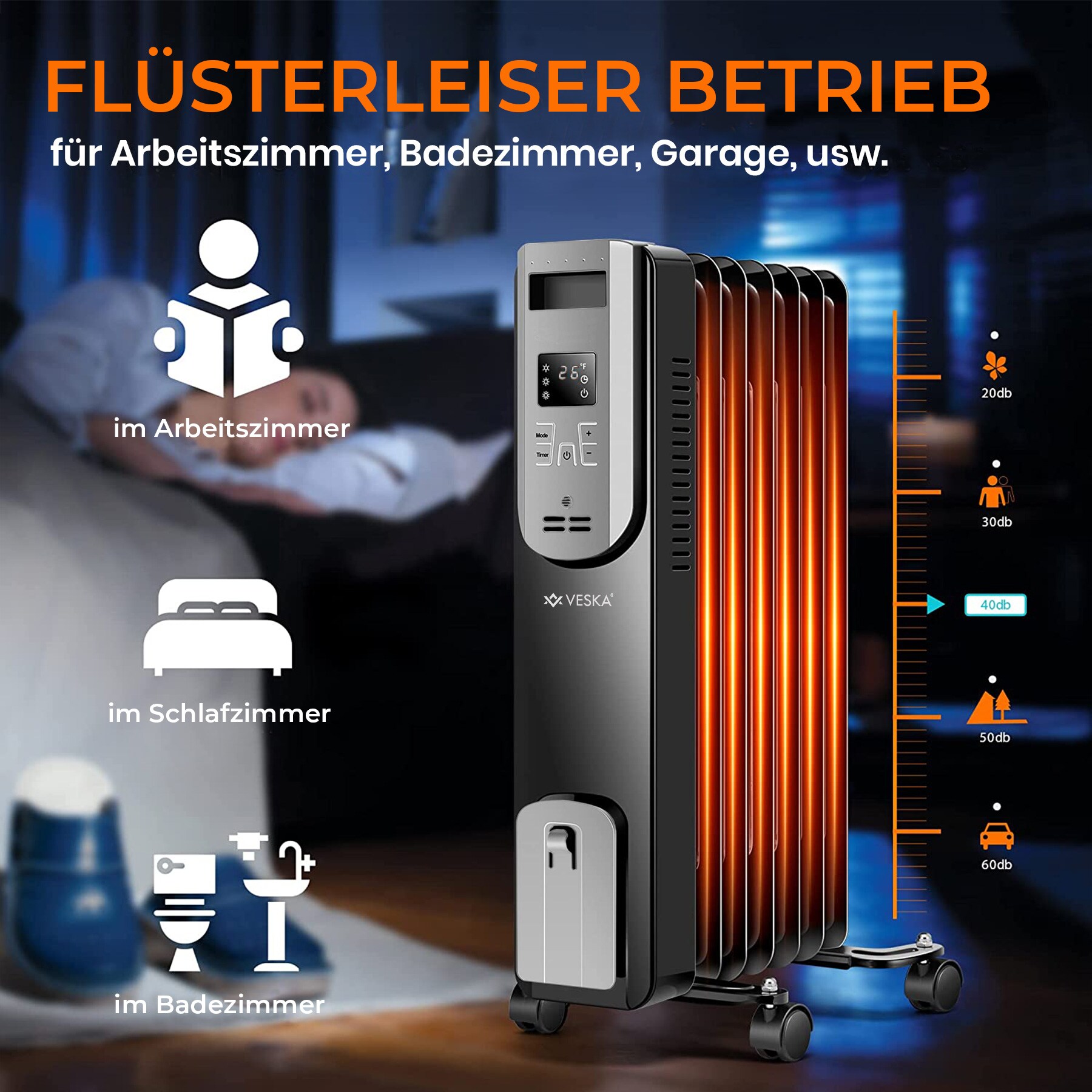 Ölradiator 2500W Elektro Heizkörper mit LCD-Display und Fernbedienung - Schwarz