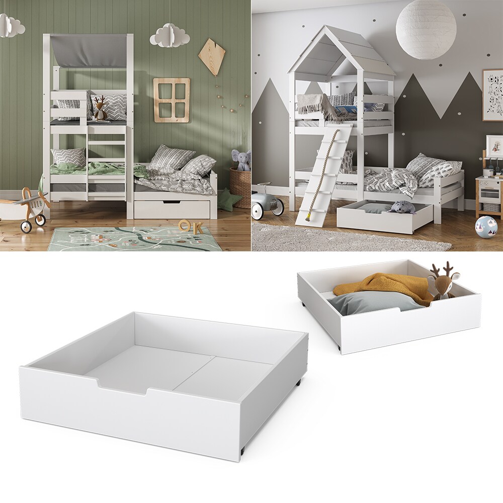 VitaliSpa Bettschublade Schubladenbett Aufbewahrung Teddy Tom weiß 92x21 cm Kinderzimmer Bett Zubehör Spielzeug Ablage Buche Massivholz rollbar Spielturmbett
