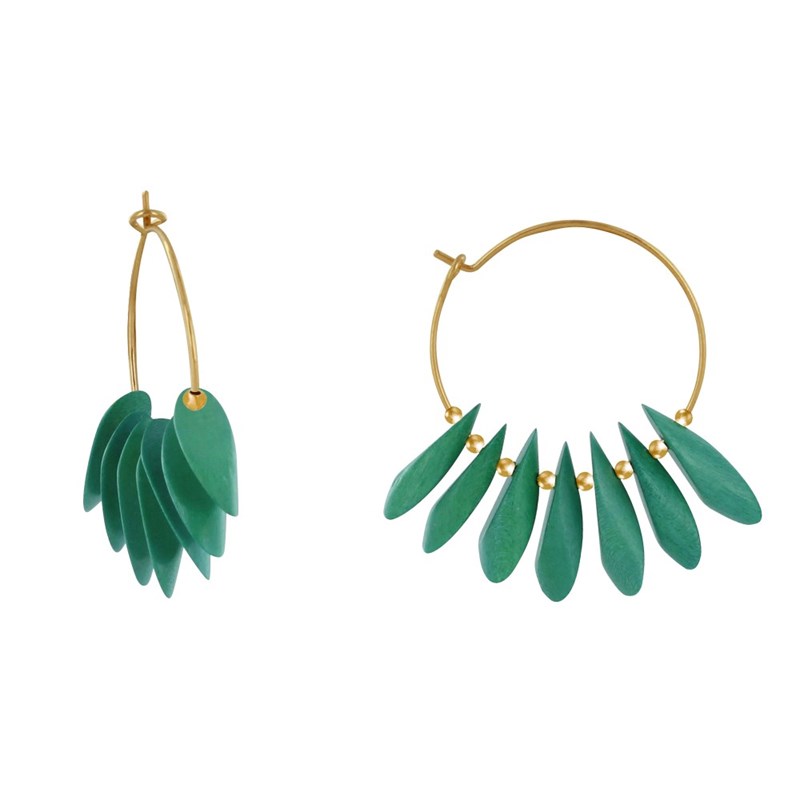 Boucles d'Oreilles Créoles en Acier Pétales en Bois