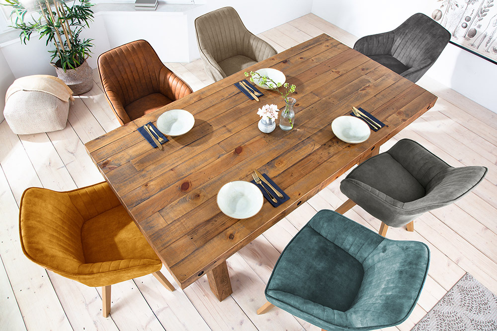 Drehbarer Design Stuhl LIVORNO rost braun Samt Buchenholz Beine mit Armlehnen