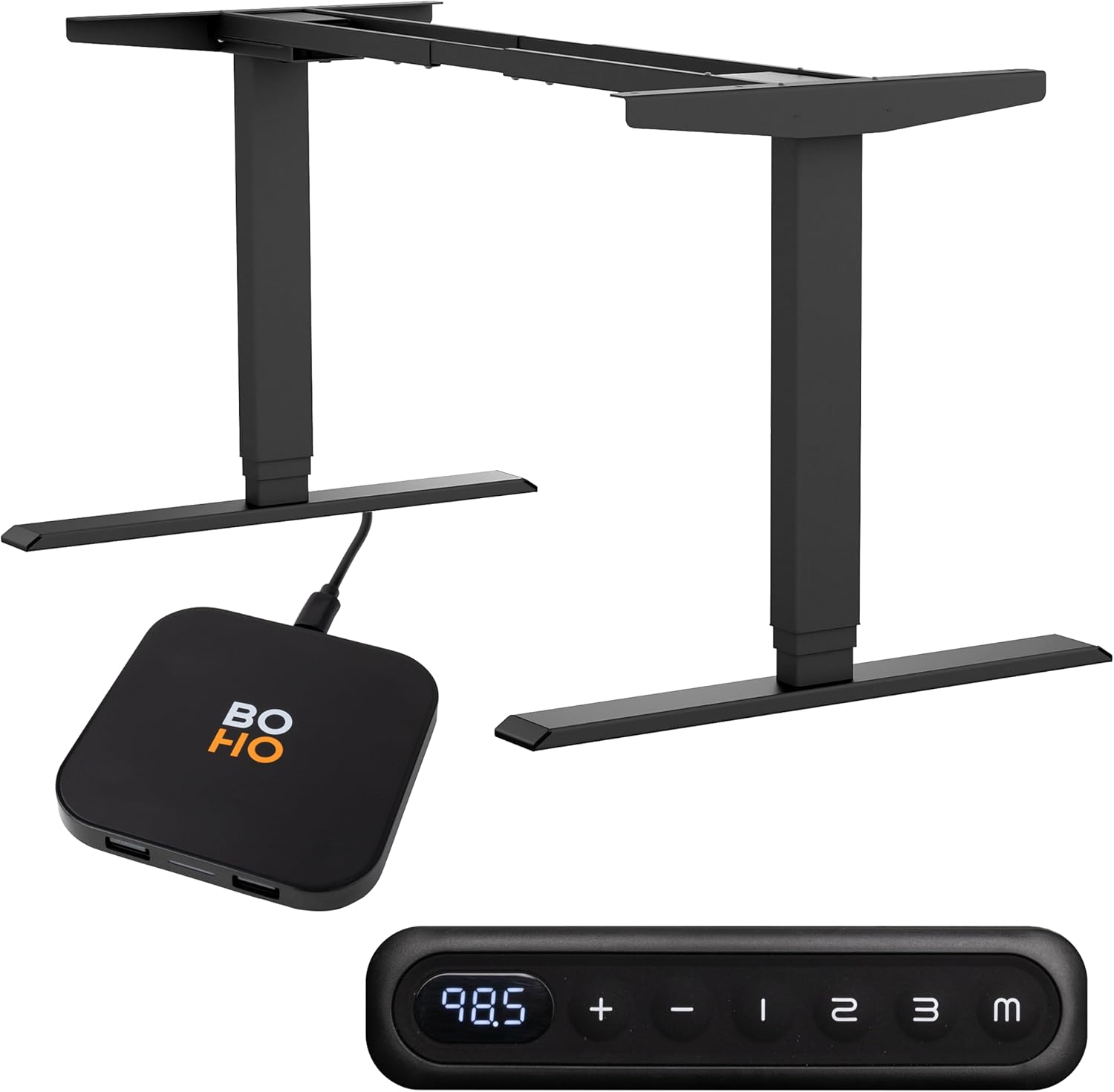 boho office® Höhenverstellbarer Schreibtisch Gestell – Elektrisch stufenlos, inkl. Wireless Charger, 2 Motoren, 3-Fach Teleskop, Memoryfunktion, Kollisionsschutz, Kindersicherung – Homedesk Schwarz