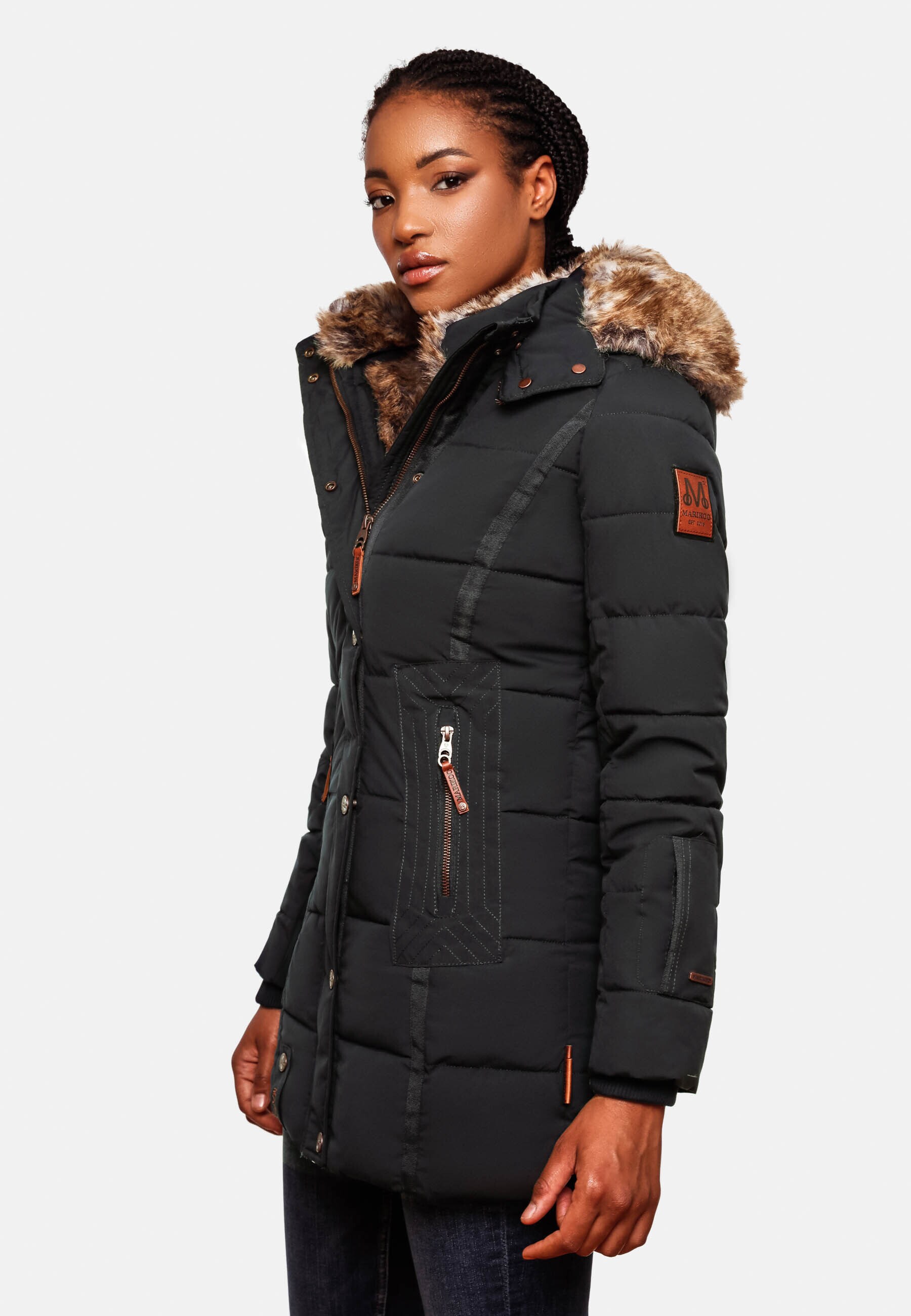 MARIKOO Damen stylischer Wintermantel Steppmantel mit Kunstpelz-Kapuze Lieblings Jacke