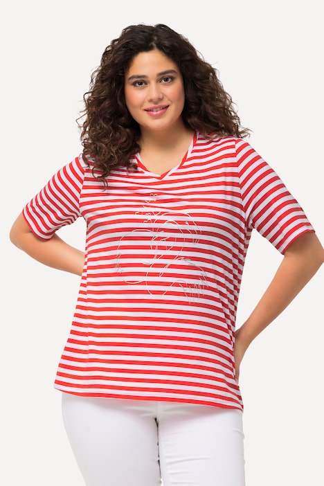 Shirt, Ringel, Metallic-Tier, V-Ausschnitt, Halbarm