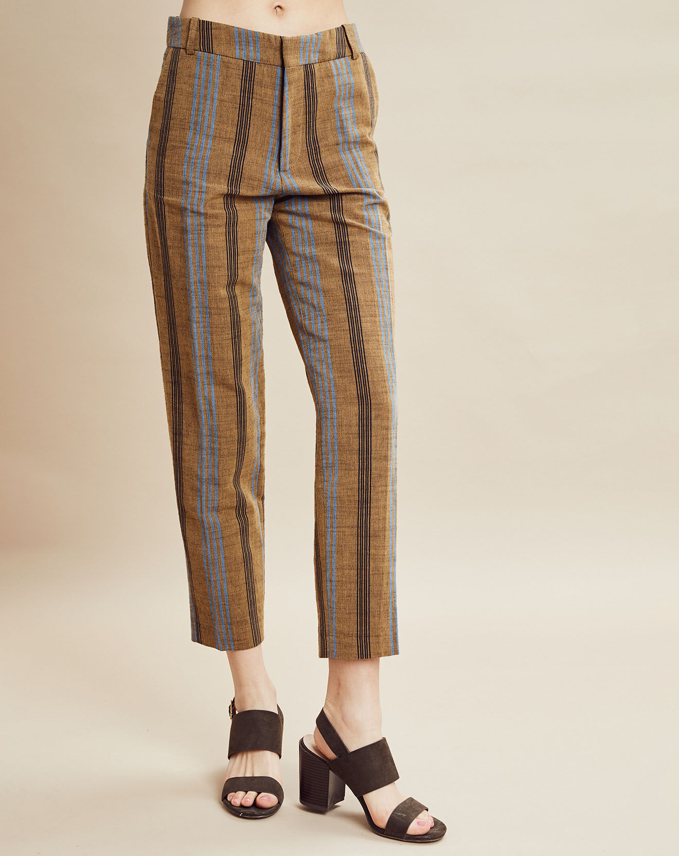 Chloé Stora Pantalon en Coton & Lin rayé Pavel marron