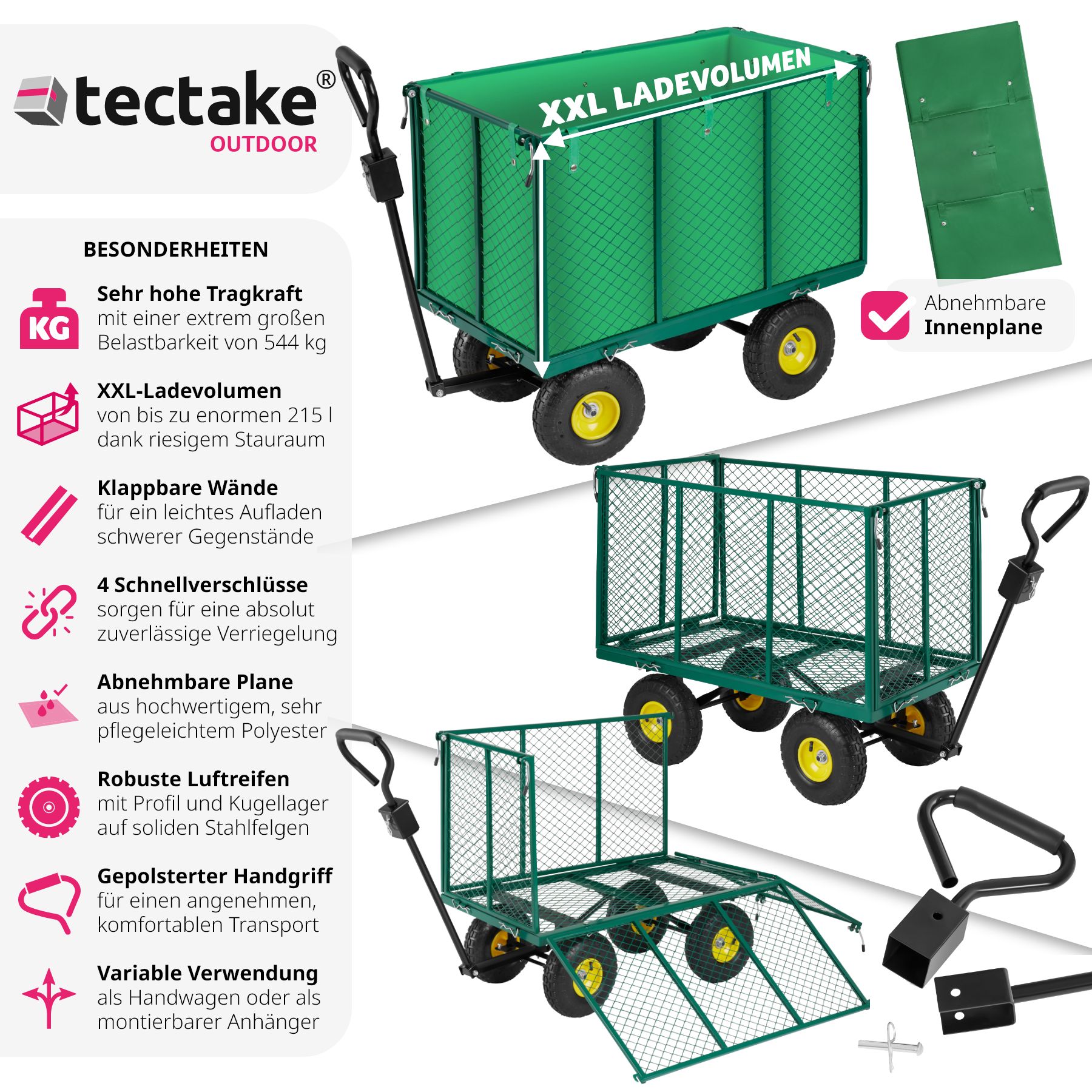 tectake® Bollerwagen, mit klappbaren Seitenwänden, leichtgängige Lenkachse mit gepolstertem Griff, Belastbarkeit 544 kg
