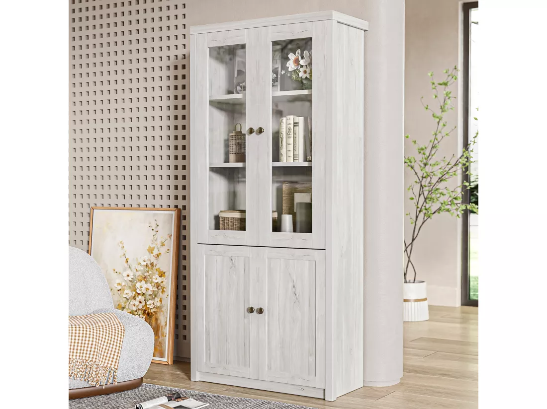 Armoire haute moderne 80x34x171 cm - avec 2 portes vitrées - 2 portes en bois - blanc