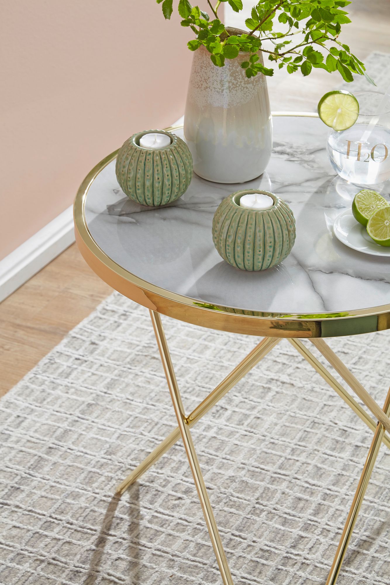 FineBuy Design Couchtisch Mamor Optik Weiß Ø55cm Gold Wohnzimmertisch Rund