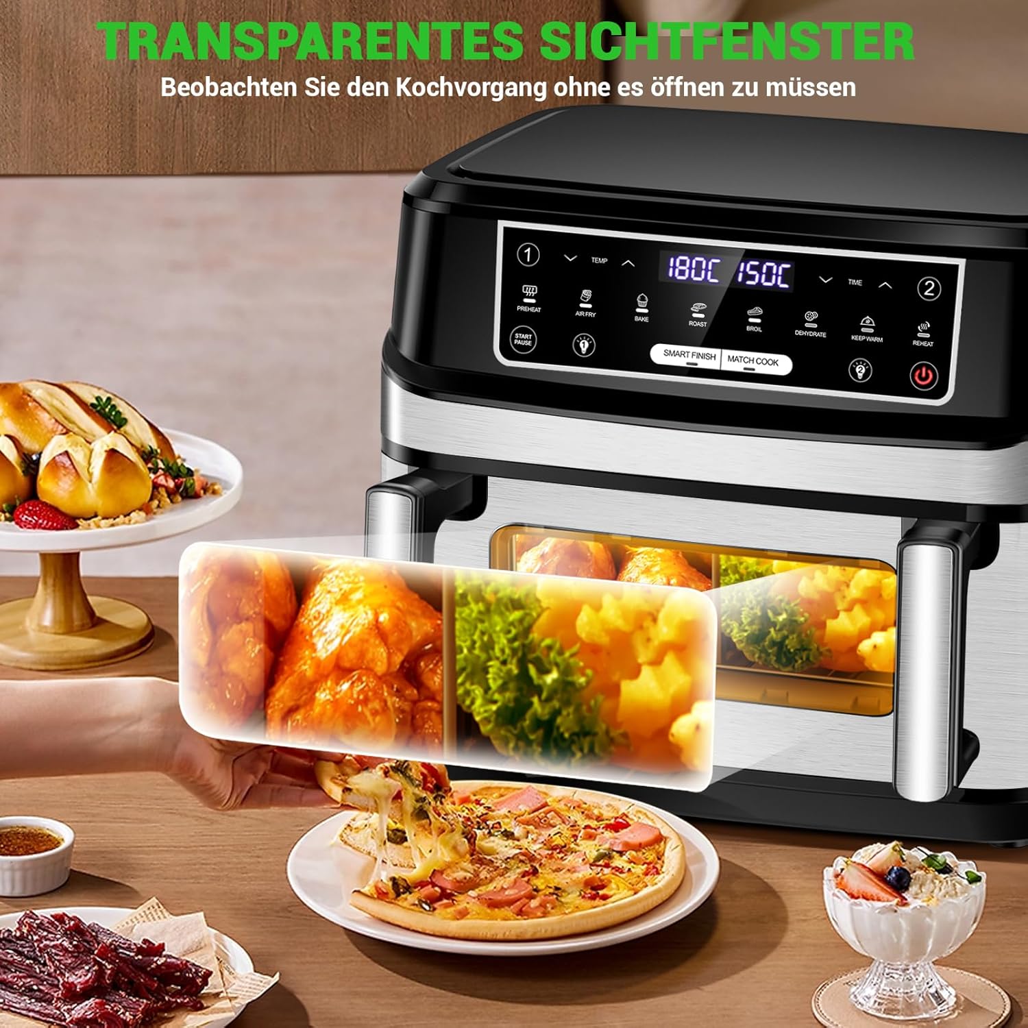 Heißluftfritteuse XXL mit Rezept | 12L Airfryer Variabel Für Einzel-und Zweikammer, 8-in-1 Heissluftfritteuse Doppelkammer Separate Temperaturregelung, Air Fryer 2 kammern mit Touchscreen Max 200℃