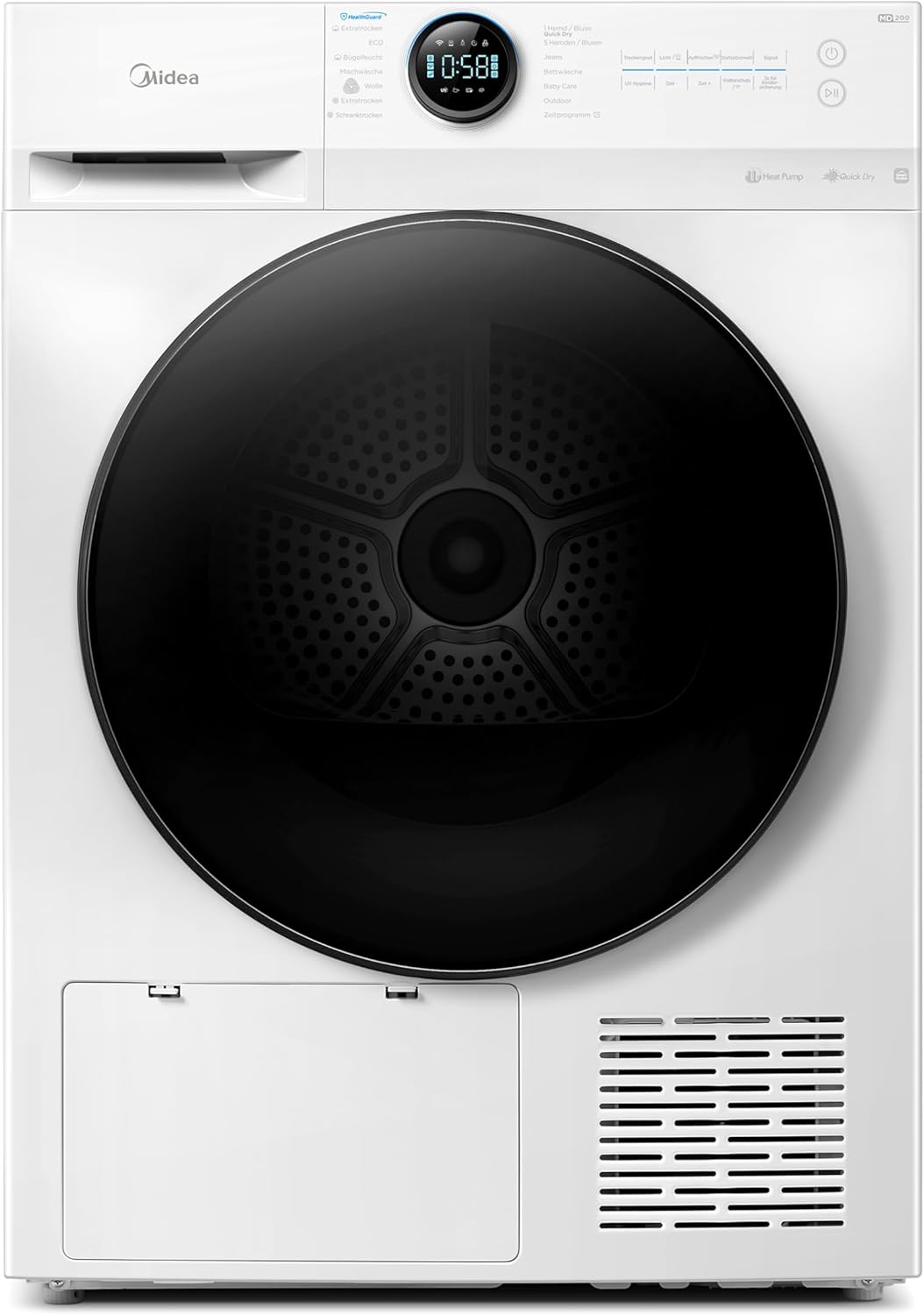 Midea MD20EH80WB-A3 Wärmepumpentrockner, 8 kg, Energieklasse C, UV Hygience, Knitterschutz, Sanfte Pflege, Auto Dry, Wollpflege, Auffrischen, Fernsteuerung, Startzeitvorwahl, Weiß