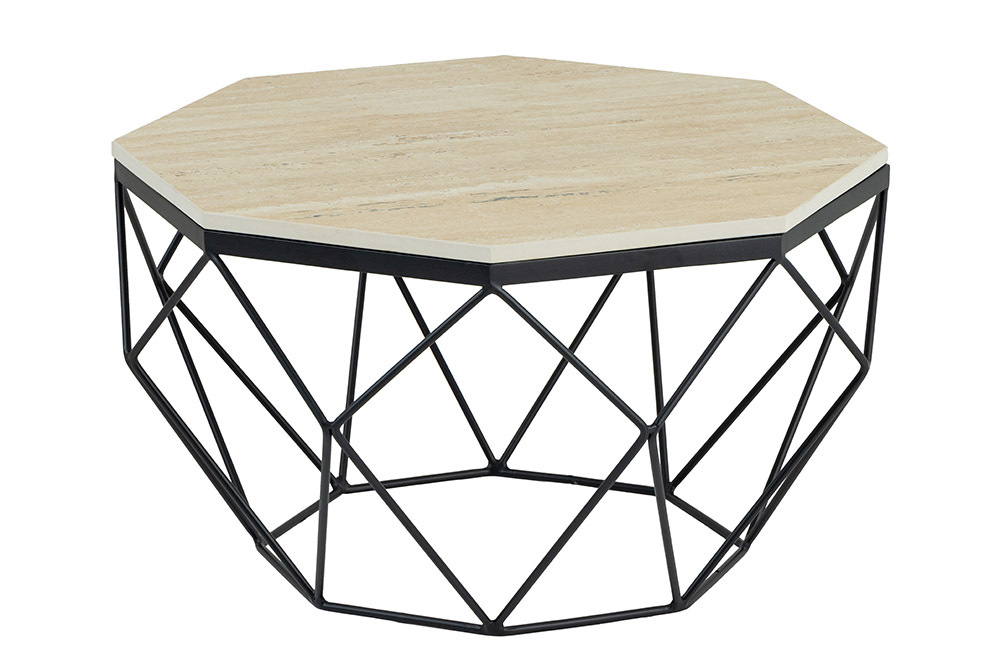 Handgefertigter Couchtisch DIAMOND 70cm beige Travertin schwarz Eisen