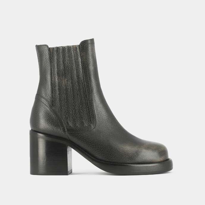 Boots à talons épais, bouts carrés et élastiques  en cuir grainé gris