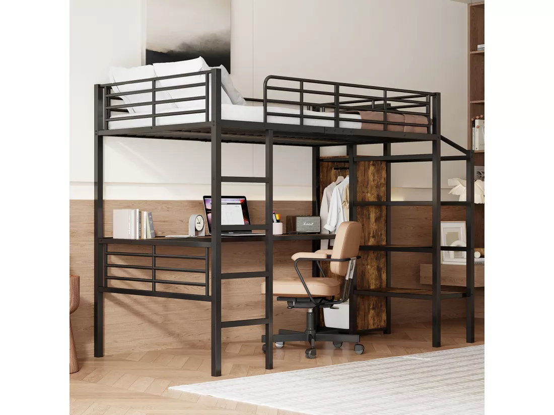 Lit mezzanine 90x200cm en métal - avec bureau、armoire et échelle de rangement - Noir