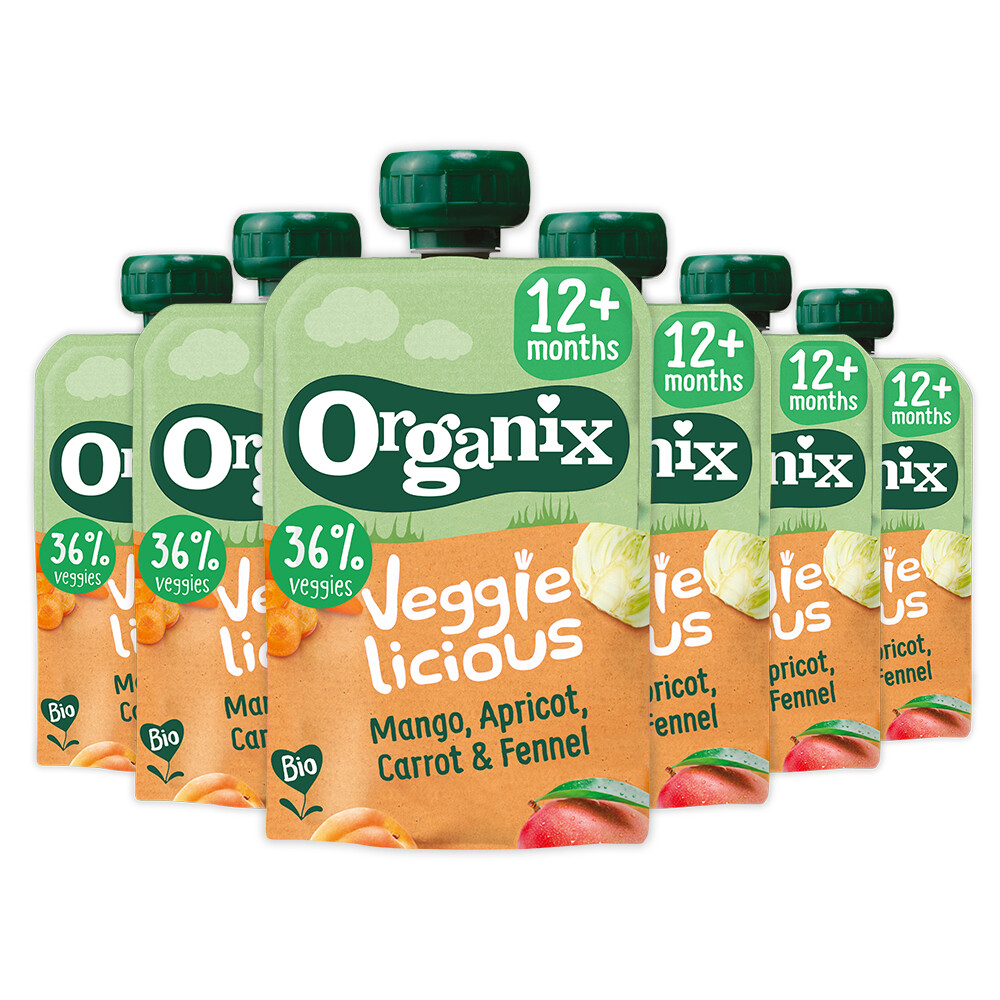 6x Organix Knijpfruit 12+m Mango, Abrikoos, Wortel & Venkel100 gr