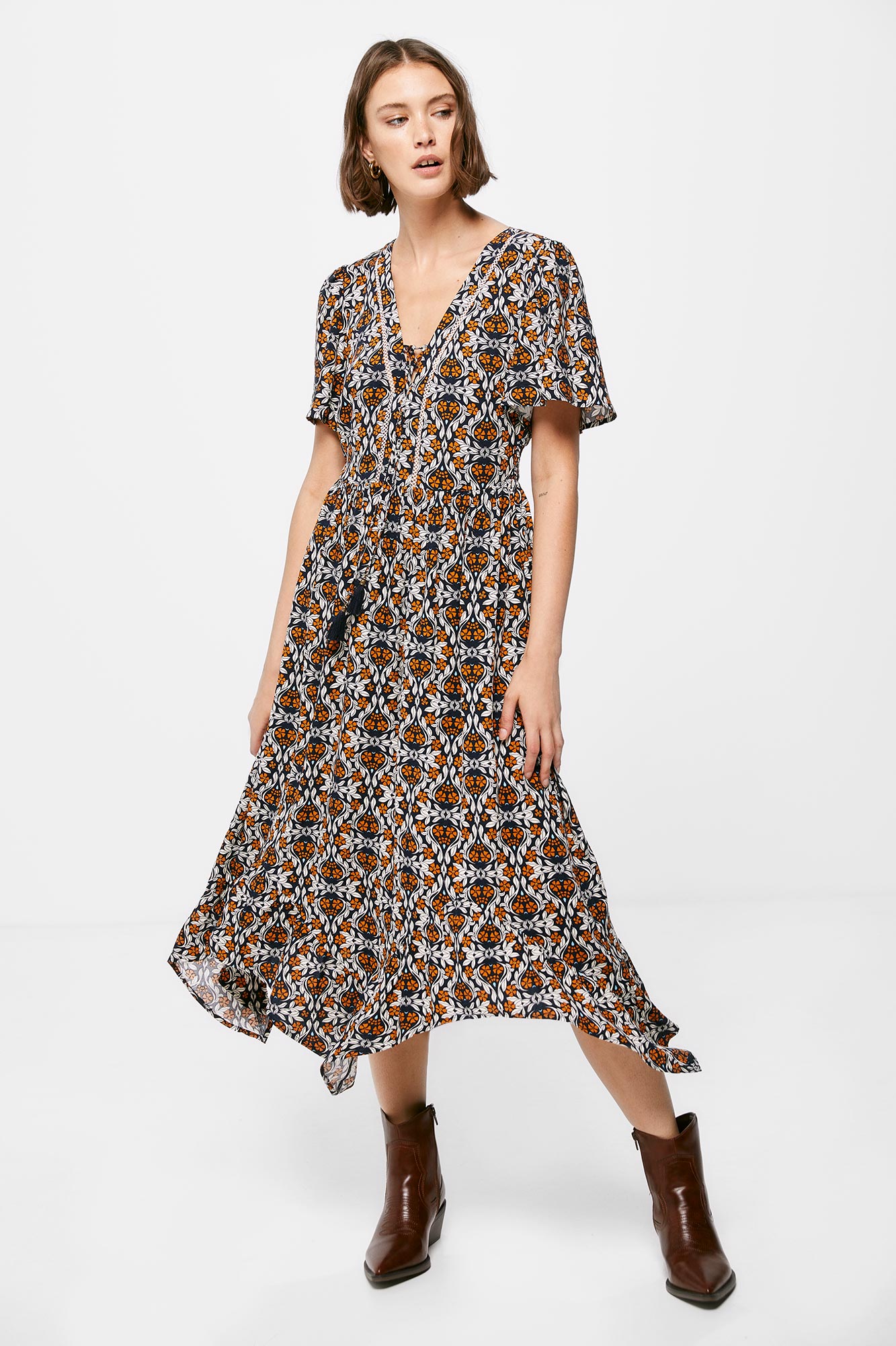 Vestido midi com estampa picot