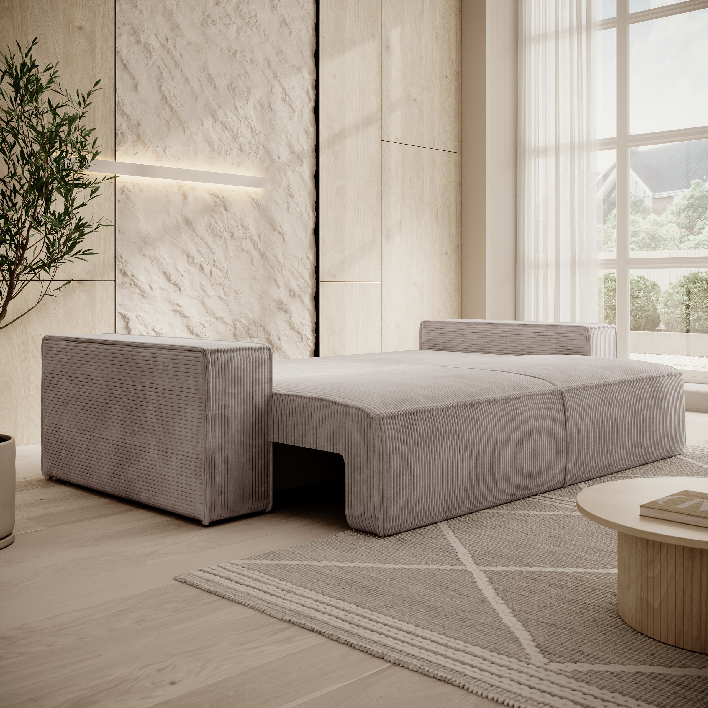Foster - 3-zitsbank met slaapfunctie - Ribstof beige - 257x102x85 cm