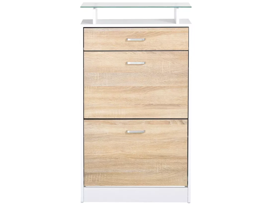 Armoire à chaussures organisateur de luxe pour chaussures 2 portes abattantes 2 compartiments, tiroir, étagère verre panneaux particules chêne blanc