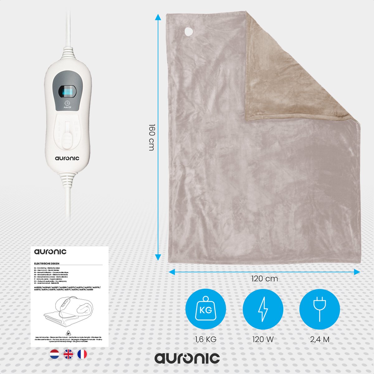 Auronic 1-persoons elektrische deken - Taupe