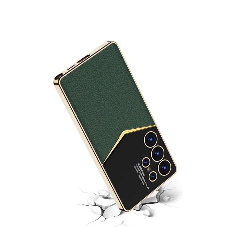 Samsung Galaxy S25 Ultra Leder Hardcase Hülle mit Galvanisiertem Rahmen   Kameraschutz - Gold / Carbon