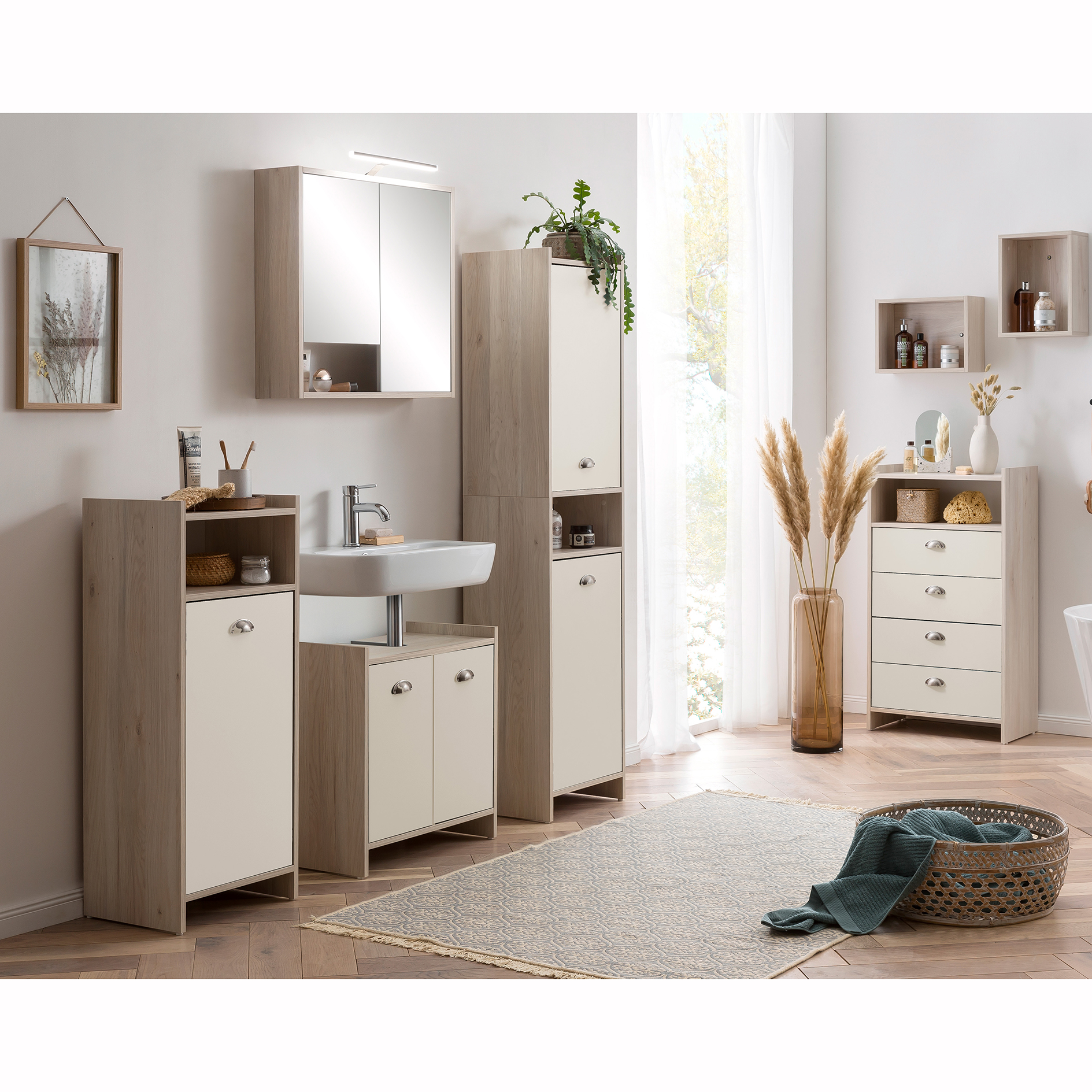 Waschbeckenunterschrank - cremebeige - Sandeiche - 56,9 cm
