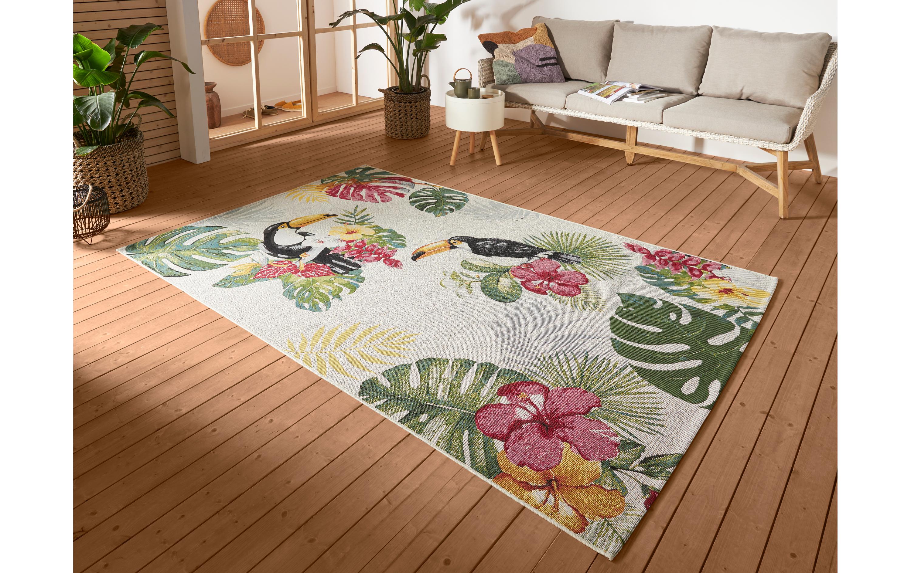 Teppich Tropical Dream 120 cm x 180 cm, Crème/MehrfarbigIn- & Outdoor Teppich, Flachegwebeteppich im Tropischen Design, Wetterfest & Wasserfester Aussenteppich mit Tukan Motiv für Terrasse, Balkon, Garten Wohnzimmer