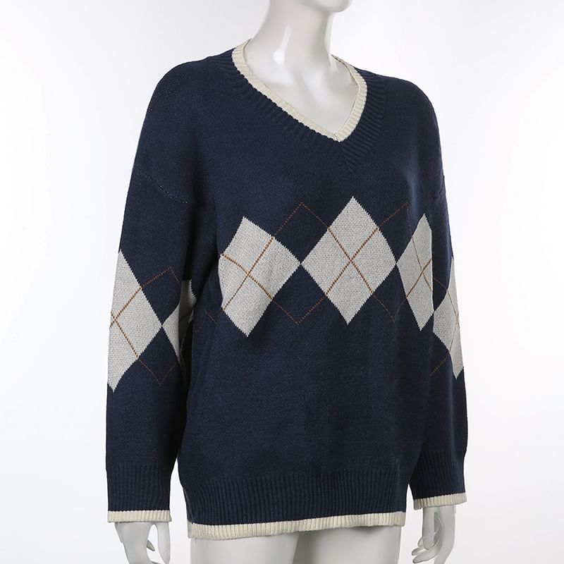 BrickBlack - V-hals Argyle Oversized Trui