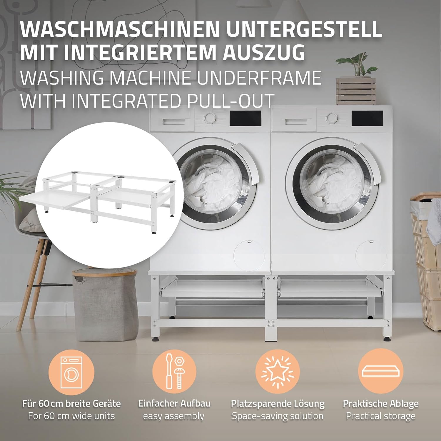 ML-Design Doppel Waschmaschinen-Untergestell mit 2 ausziehbaren Ablagen, Weiß, aus Stahl, bis 2x 150kg+10 kg, verstellbare Füße, Waschmaschinensockel 2-Fach, Doppeluntergestell Doppelpodest Erhöhung