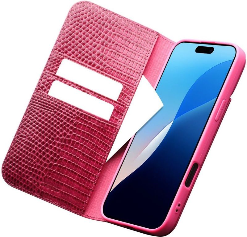 Qialino - Bookcase Hoes - Croco Motief - Leer - Voor iPhone 16 Pro Max