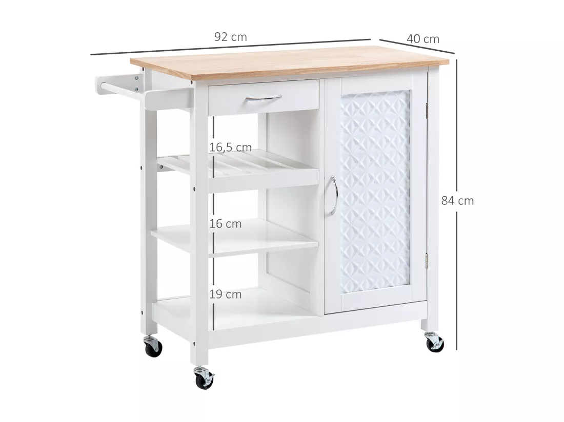Desserte de cuisine style contemporain - porte, tiroir, 3 étagères - poignées métal MDF blanc plateau bois pin