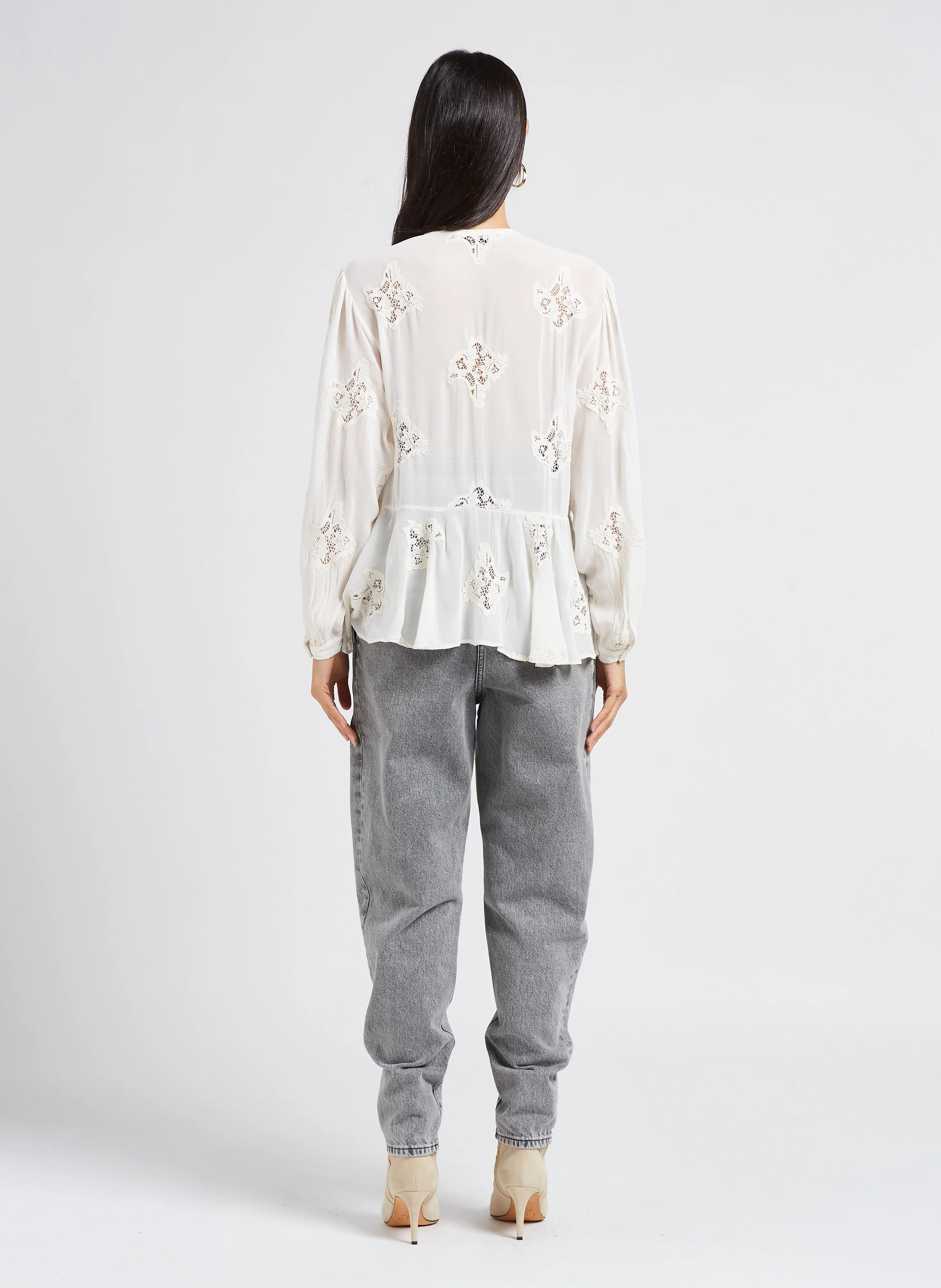 LALIA - Blouse col tunisien à broderie ajourées | Beige