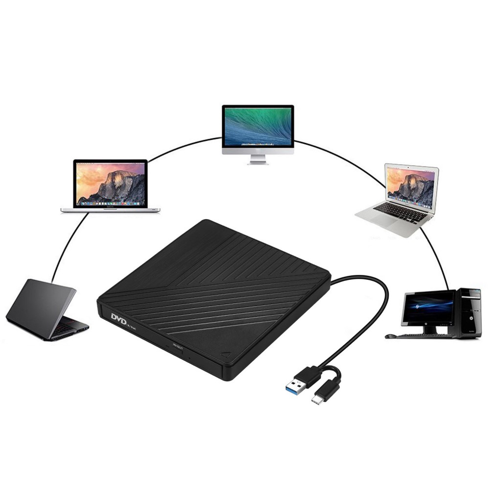 3in1 Slim Super Drive USB C / USB 3.0 CD DVD-RW Externes Laufwerk Brenner mit SD- / MicroSD Card Reader / Dual USB für MacBook / Laptop - Schwarz