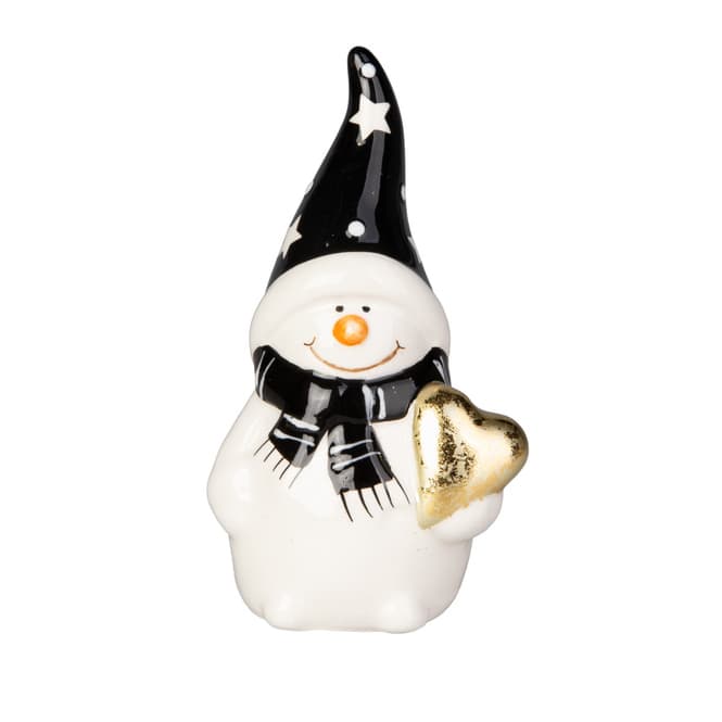 Schneemann - mit Herz - weiß/schwarz/gold glänzend - ca. 6 x 4,5 x 11 cm
