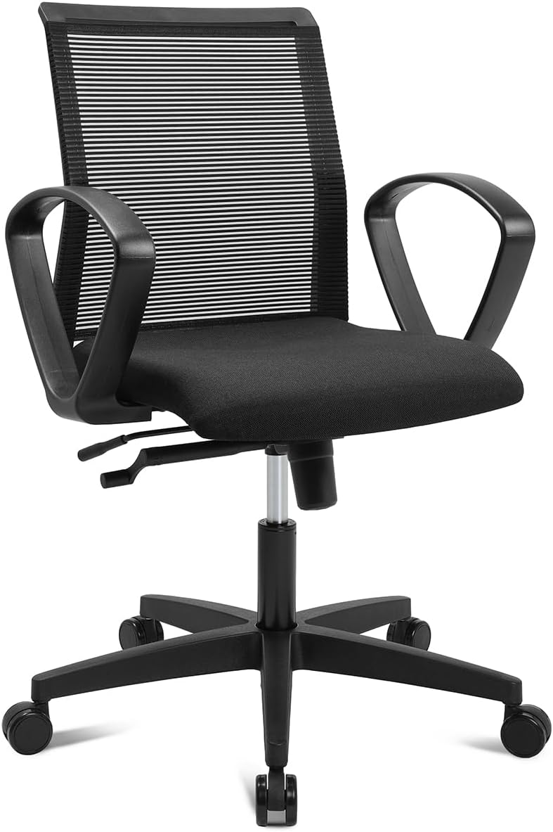 TOPSTAR Living Chairs Basic 10 – Bürostuhl mit Air+ Luftkissen-Technologie, ergonomisch & preiswert, Wippmechanik, Netzrücken, Made in Germany, Top Preis-Leistung, mit Ringarmlehne, Stoff schwarz