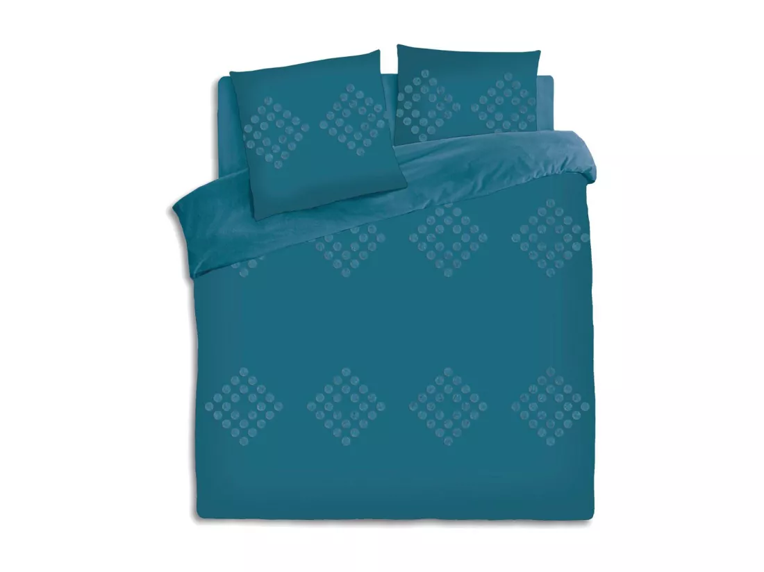 Parure de lit 2 Personnes 240 x 220 cm Housse de couette avec 2 taies Coton lavé Bleu Canard tufté