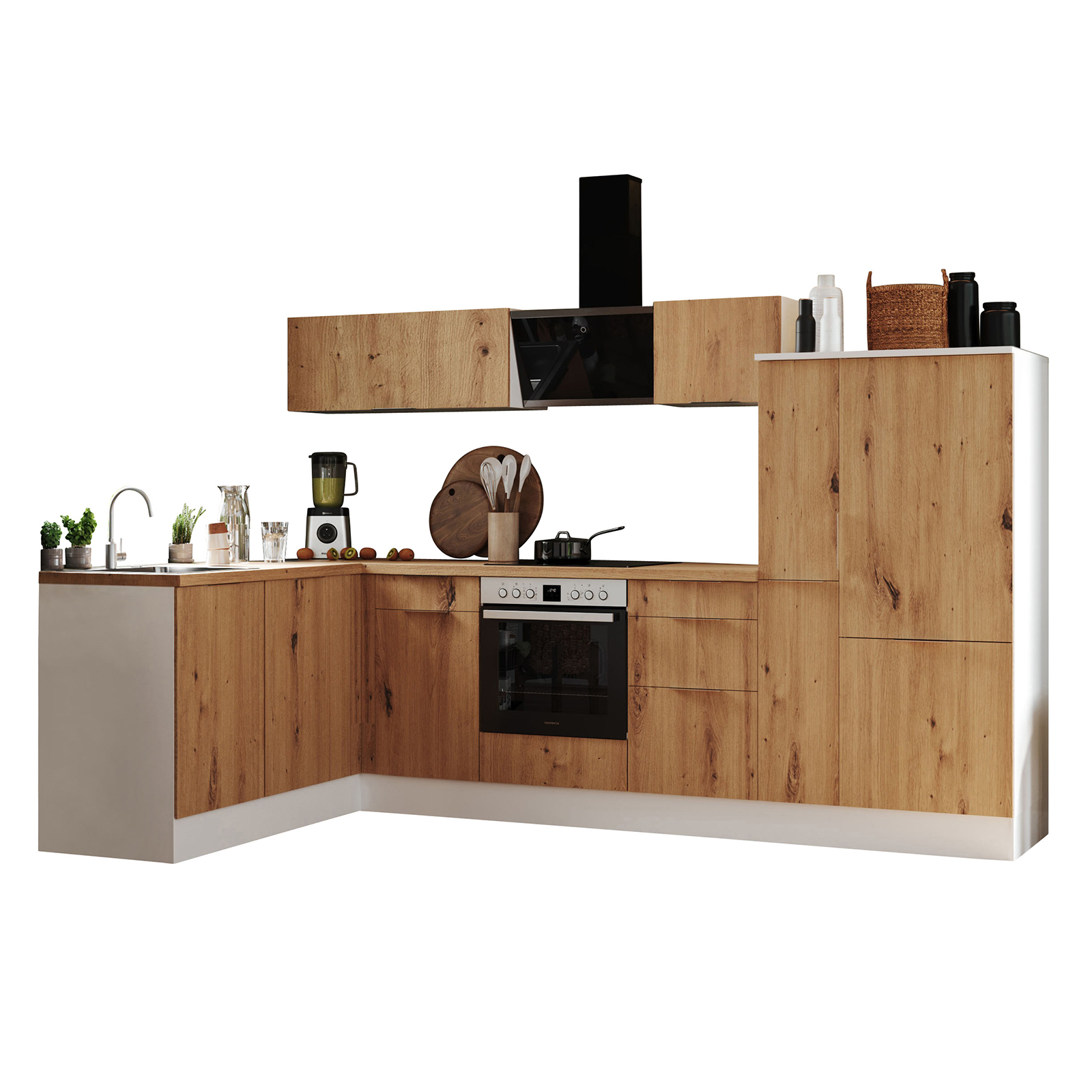 RESPEKTA Winkelküche - Artisan Eiche - weiß matt - mit E-Geräten - 310x175 cm