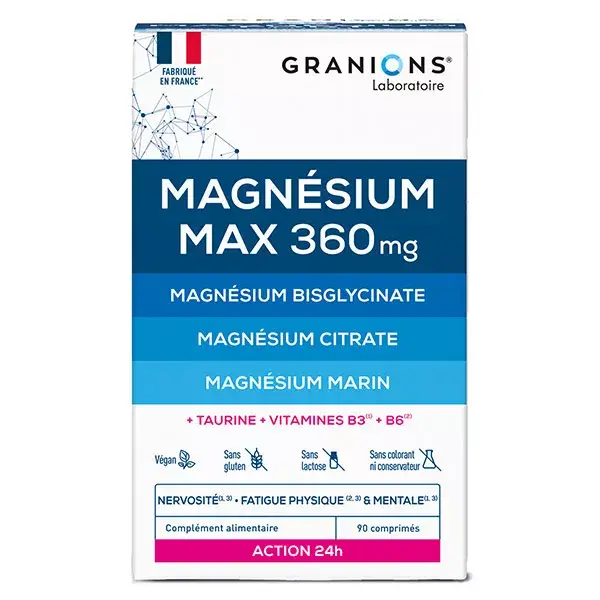 Granions Magnésio Max 360 mg Ajuda a reduzir o estresse e a fadiga. Ação 24h. 90 comprimidos.