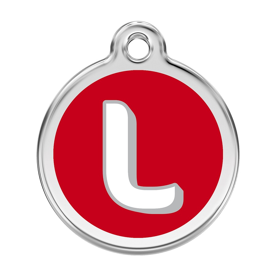 Placa de identificação para cães em aço inoxidável esmaltado com a letra L do alfabeto, vermelha.